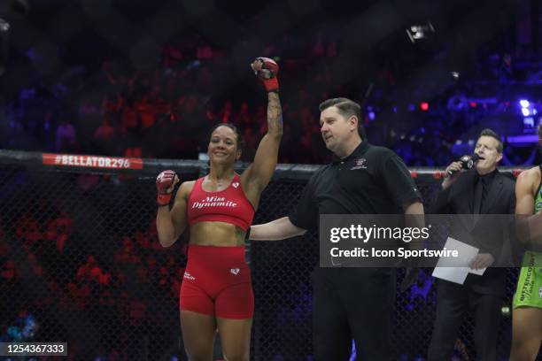 Denise Kielholtz celebrates her victory over Paula Cristina in their women's flyweight fight during the Bellator 296 event at Accor Arena on May 12,...