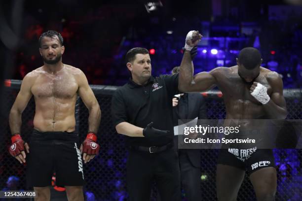 Fabian Edwards celebrates his victory over Gegard Mousasi in their middleweight fight during the Bellator 296 event at Accor Arena on May 12, 2023 in...