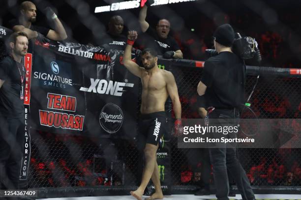 Gegard Mousasi steps inside the cage for his middleweight fight during the Bellator 296 event at Accor Arena on May 12, 2023 in Paris, France.