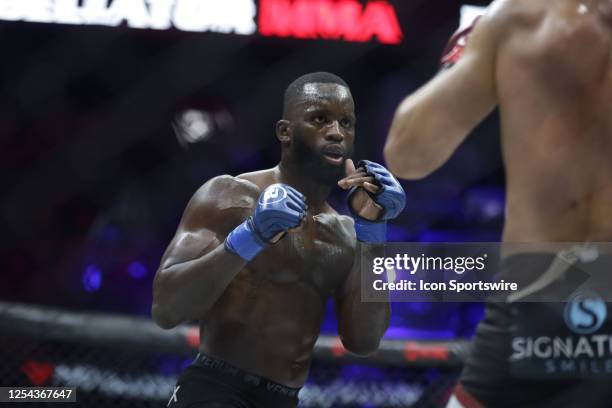 Fabian Edwards faces Gegard Mousasi in their middleweight fight during the Bellator 296 event at Accor Arena on May 12, 2023 in Paris, France.