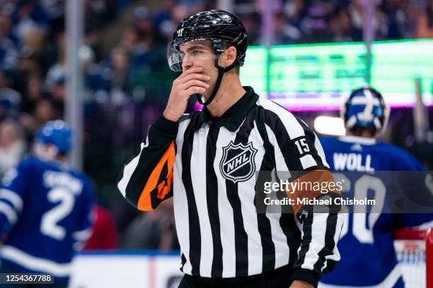 Referee Jean Hebert looks on during a game between the Toronto Maple Leafs and the Florida Panthers in Game Five of the Second Round of the 2023...