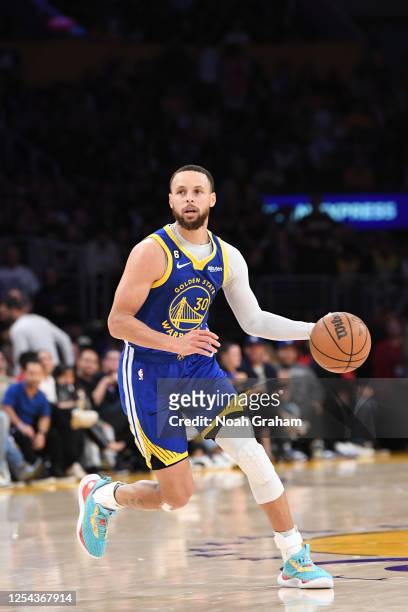Stephen Curry of the Golden State Warriors dribbles the ball during Game Six of the Western Conference Semi-Finals of the 2023 NBA Playoffs against...