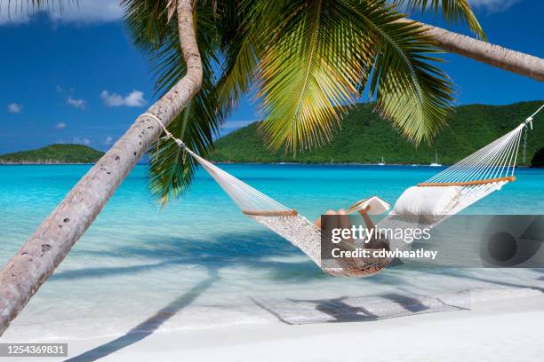 woman reading and relaxing in hammock on tropical beach - beach hammock stock pictures, royalty-free photos & images