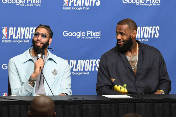 Anthony Davis of the Los Angeles Lakers and LeBron James talk to the media after Game 6 of the Western Conference Semi-Finals 2023 NBA Playoffs on...