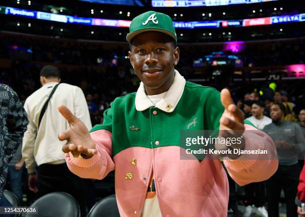 Tyler, the Creator attends the Western Conference Semifinal Playoff game between the Los Angeles Lakers and Golden State Warriors at Crypto.com Arena...