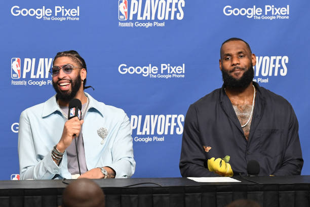 Anthony Davis of the Los Angeles Lakers and LeBron James talk to the media after Game 6 of the Western Conference Semi-Finals 2023 NBA Playoffs on...