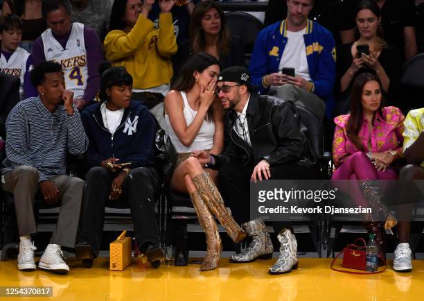 Yung Taco, Renell Medrano, Kendall Jenner and Bad Bunny attend the Western Conference Semifinal Playoff game between the Los Angeles Lakers and...