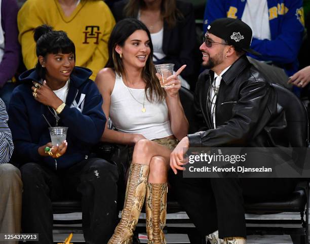 Kendall Jenner and Bad Bunny attend the Western Conference Semifinal Playoff game between the Los Angeles Lakers and Golden State Warriors at...