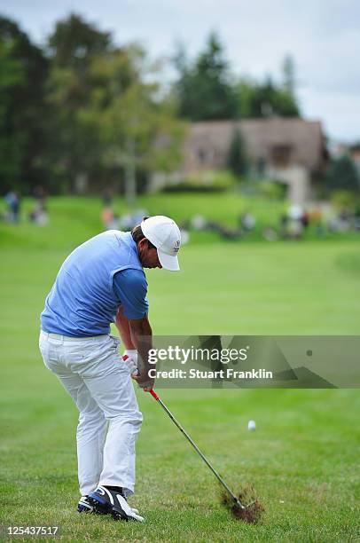 Pablo Larrazabal of the Continental Europe team plays a shot during the third days afternoon foursomes matches at the Vivendi Seve Trophy at Saint -...