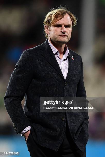 Crusaders' coach Scott Robertson is seen prior to the start of the round 12 Super Rugby Pacific match between Crusaders and Blues at Orangetheory...