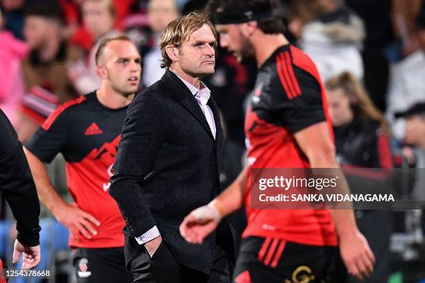 Crusaders' coach Scott Robertson is seen prior to the start of the round 12 Super Rugby Pacific match between Crusaders and Blues at Orangetheory...
