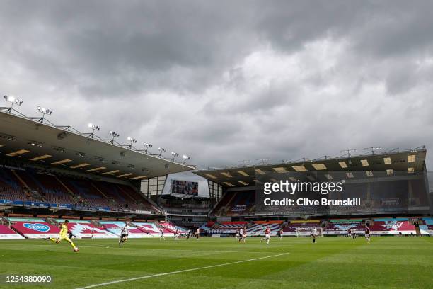 General view inside the empty stadium during the Premier League match between Burnley FC and Sheffield United at Turf Moor on July 05, 2020 in...