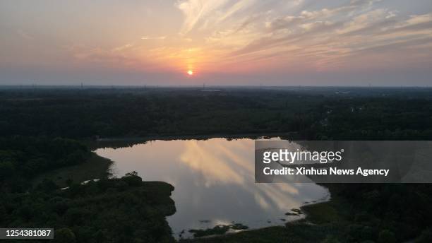 This aerial photo taken on May 9, 2023 shows a view of a Chinese alligator national nature reserve in east China's Anhui Province. The Yangtze...