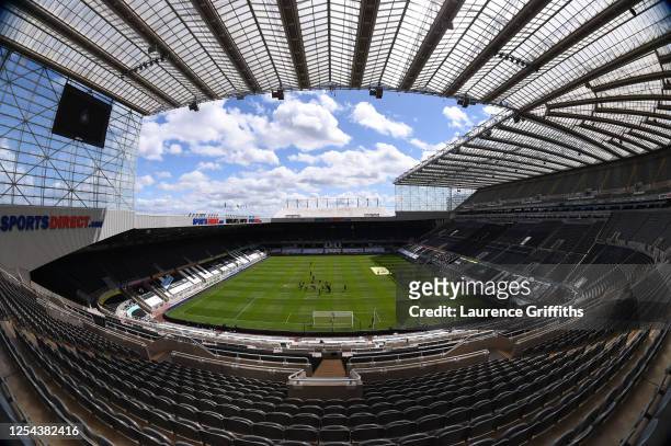 General view inside the stadium prior to the Premier League match between Newcastle United and West Ham United at St. James Park on July 05, 2020 in...