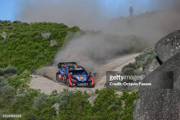 Thierry Neuville of Belgium and Martijn Wydaeghe of Belgium compete in their HYUNDAI i20 N Rally1 HYBRID during the SS9 Vieira do Minho on Day Three...