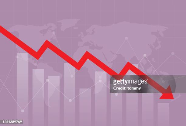 the red arrow is moving down over a bar graph and a world map - deterioration stock illustrations