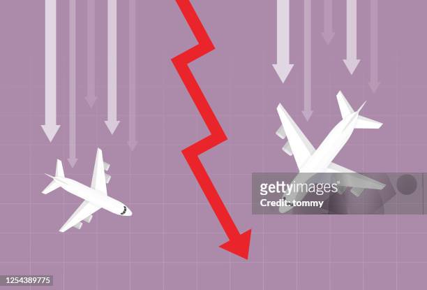 airplane and red arrow going down - out of business stock illustrations