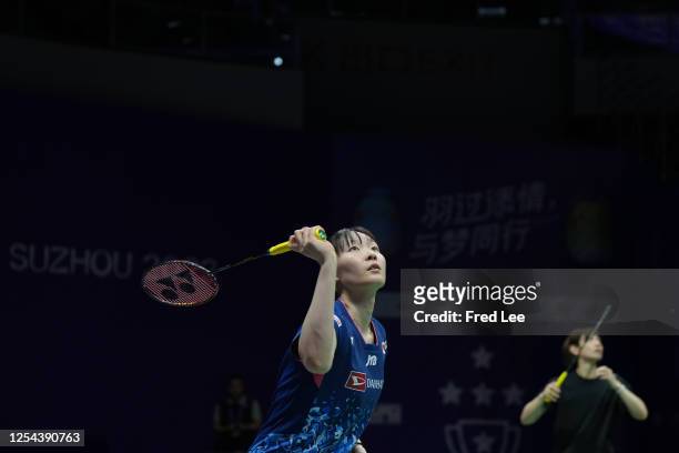 Mayu Matsumoto of Team Japan practices during a training session ahead of Sudirman Cup 2023 at Suzhou Olympic Sports Center Gymnasium on at Suzhou...