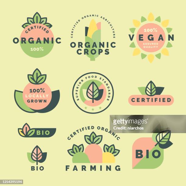 organic farming labels - raw food icons stock illustrations