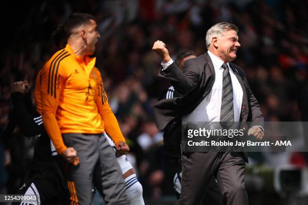 Sam Allardyce the head coach / manager of Leeds United celebrates the opening goal during of the Premier League match between Leeds United and...