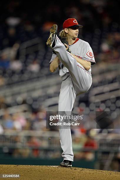 Starting pitcher Bronson Arroyo of the Cincinnati Reds pitches to a Washington Nationals batter at Nationals Park on August 18, 2011 in Washington,...