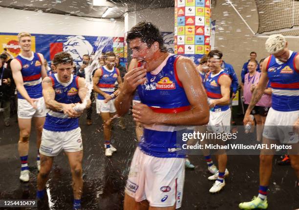 James O'Donnell of the Bulldogs celebrates during the 2023 AFL Round 09 match between the Carlton Blues and the Western Bulldogs at Marvel Stadium on...