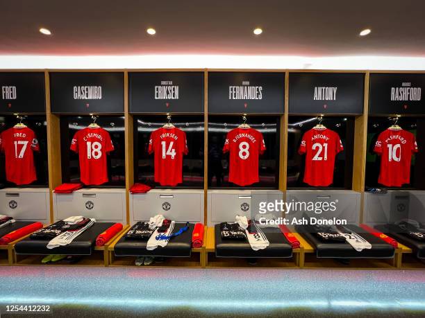 General View of Manchester United home kit in the dressing room prior to the Premier League match between Manchester United and Wolverhampton...