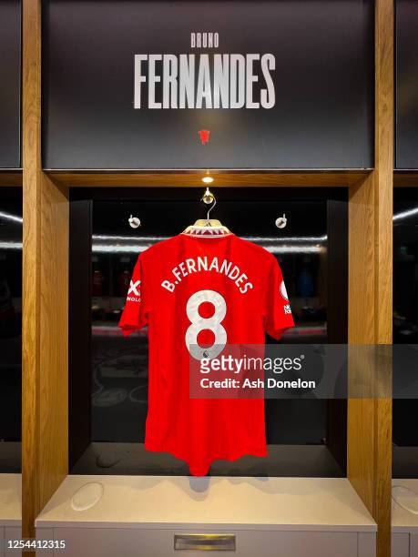 General View of the shirt of Bruno Fernandes of Manchester United in the dressing room prior to the Premier League match between Manchester United...