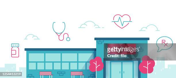 ilustraciones, imágenes clip art, dibujos animados e iconos de stock de clínica médica - hospital