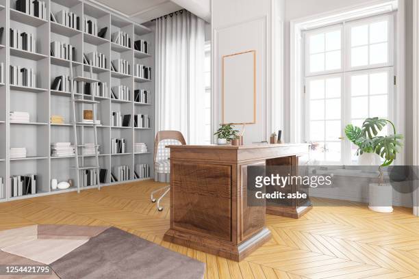 library in the home office with wooden desk - library empty stock pictures, royalty-free photos & images