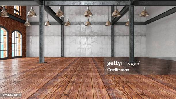 leeg groot magazijn - wood floor stockfoto's en -beelden