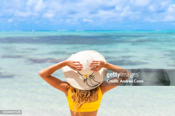 rear view of woman relaxing on tropical beach - mauritius beach bildbanksfoton och bilder