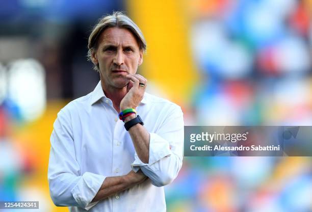Davide Nicola head coach of Genoa CFC looks on during the Serie A match between Udinese Calcio and Genoa CFC at Stadio Friuli on July 05, 2020 in...