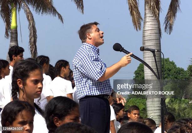 Felipe Perez Roque , Minister of Foreign Relations of Cuba, speaks at a political rally 01 July, 2000 in Manzanillo where some 300,000 people...