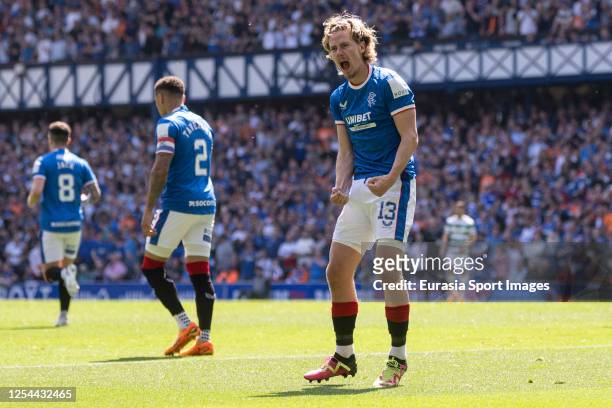 Todd Cantwell of Rangers celebrates after scoring during Cinch Premiership match between Rangers and Celtic at Ibrox Stadium on May 13, 2023 in...
