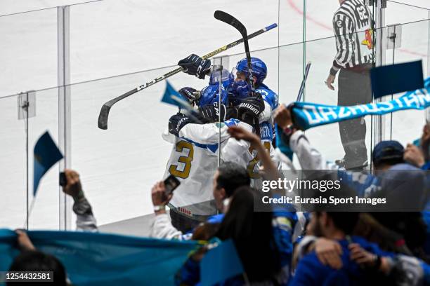 Maxim Mukhametov of Kazakhstan celebrates after scoring a goal during the 2023 IIHF Ice Hockey World Championship game between Norway and Kazakhstan...