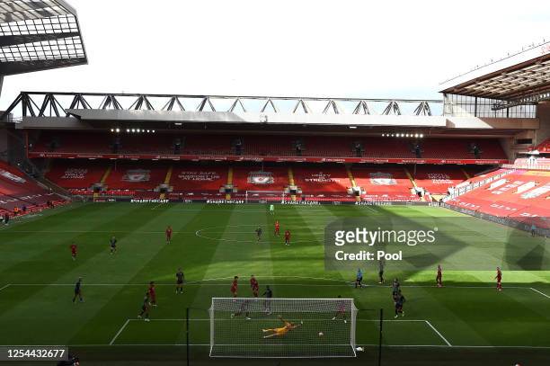 General view inside the empty stadium as Curtis Jones of Liverpool scores his team's second goal during the Premier League match between Liverpool FC...