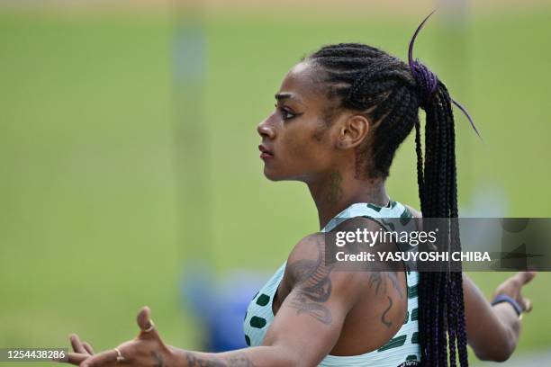 Sha'Carri Richardson gestures after winning the 200m women's event during the fourth edition of the Kip Keino Classic Continental Tour at the...