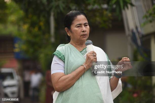 The Trinamool Congress Political party Chief and West Bengal State Chief Minister Mamata Banerjee is reacting at a press conference at her residence...