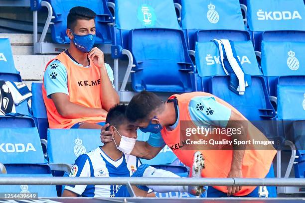 Victor Sanchez cheers Wu Lei of RCD Espanyol during the Liga match between RCD Espanyol and CD Leganes at RCDE Stadium on July 05, 2020 in Barcelona,...