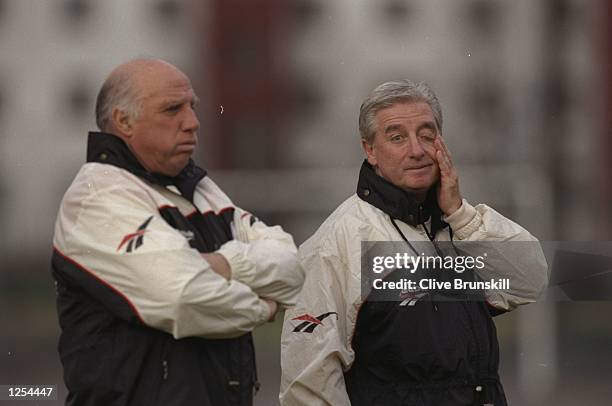 Roy Evans Liverpool manager and Ronnie Moran Liverpool assistant watch their players during training for the European Cup Winners Cup quarter final...