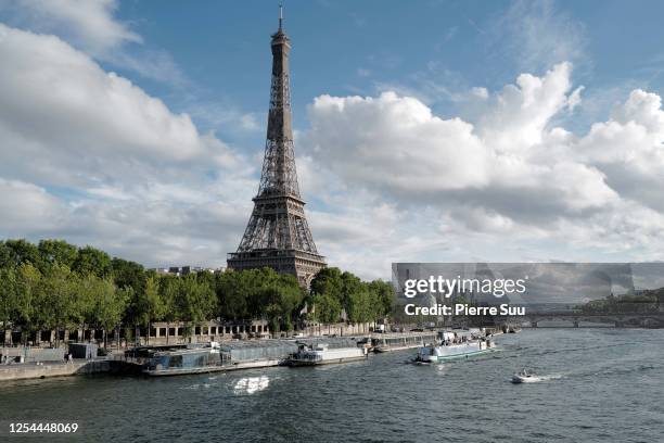 View of the "Balmain" sur seine" Fashion show that was held on a "peniche"boat on the seine river to celebrate the 75th anniversary of the brand on...