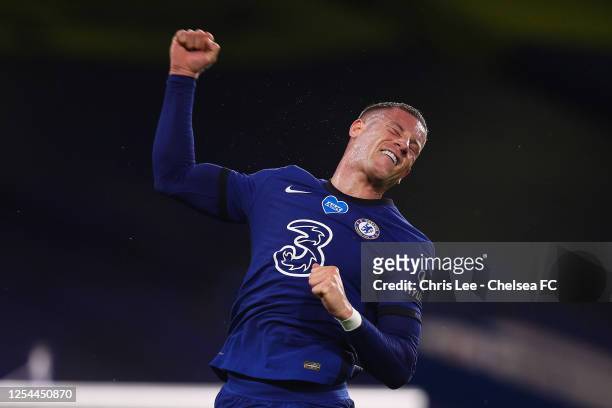 Ross Barkley of Chelsea celebrates scoring their third goal during the Premier League match between Chelsea FC and Watford FC at Stamford Bridge on...