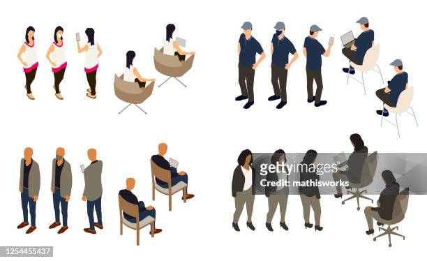 isometric people in different poses - asian and indian ethnicities stock illustrations