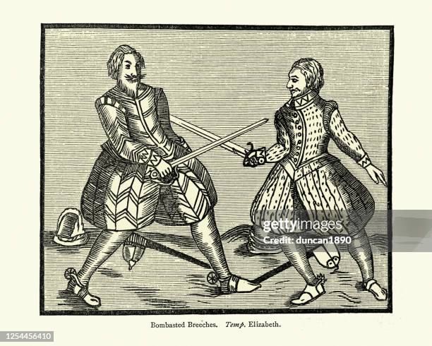 elizabethan men dueling with swords, late 16th century - dueling stock illustrations