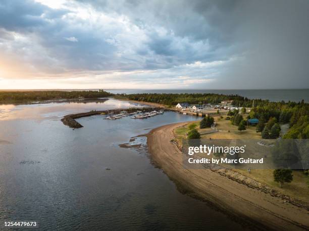 aerial view of the bathurst marina on the bay of chaleur, bathurst, new brunswick, canada - bathurst new brunswick stock pictures, royalty-free photos & images