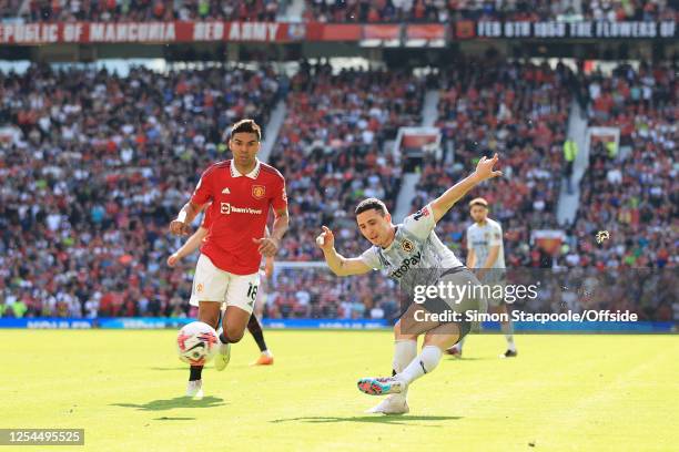 Daniel Podence of Wolverhampton Wanderers performs a rabona cross during the Premier League match between Manchester United and Wolverhampton...