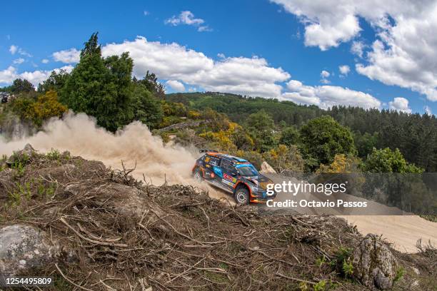 Armindo Araujo of Portugal and Luis Ramalho of Portugal compete in their Skoda Fabia Evo during the SS12 Vieira do Minho on Day Three of the FIA...