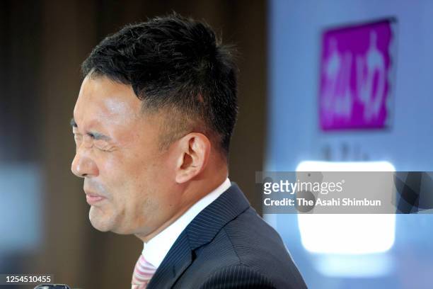 Defeated candidate Taro Yamamoto speaks during a press conference after the Tokyo gubernatorial election on July 5, 2020 in Tokyo, Japan.
