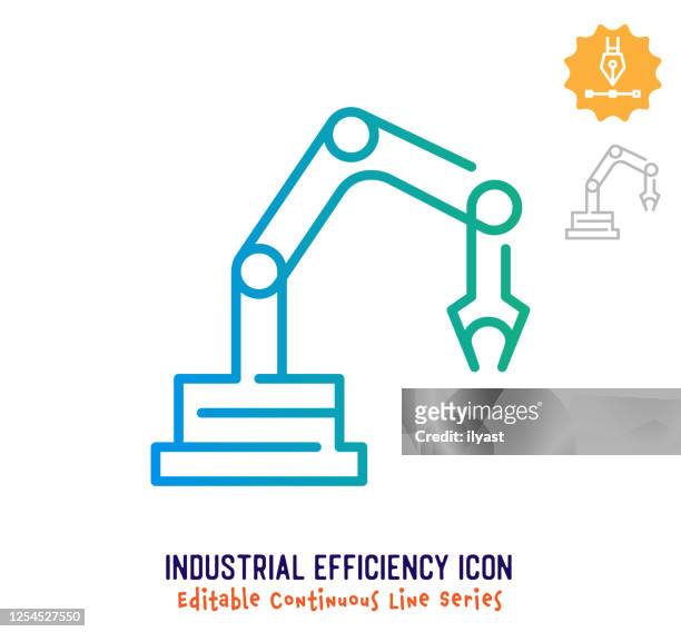 ilustraciones, imágenes clip art, dibujos animados e iconos de stock de eficiencia industrial línea continua línea de trazo editable - brazo robótico herramientas de fabricación